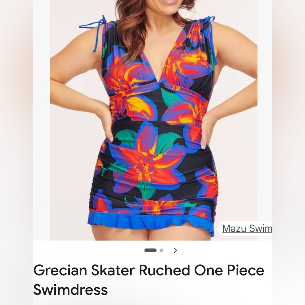 Mazu Swim Ruched Swim Dress Blue And Green "Skyline" Zigzag Women Size 10